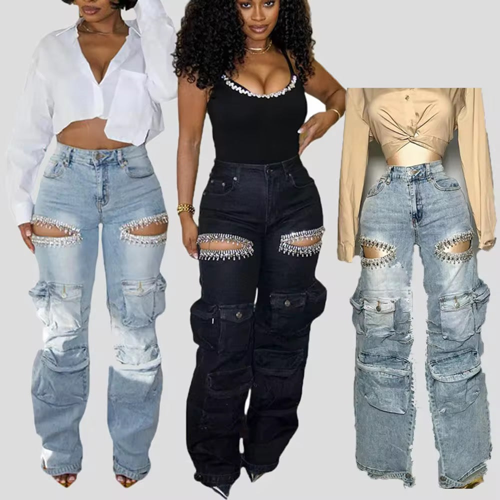 Hollow Rhinestone Embellished pants